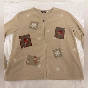 Vintage Ugly Christmas Sweater Grandma Zip Up Fleece Holiday Grannycore Birds